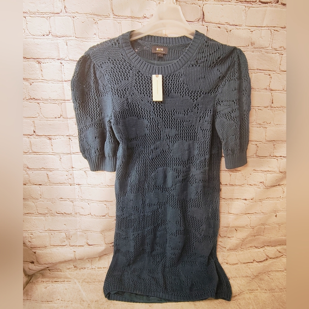 Maeve Anthropologie Pointelle Knit Midi Sweater Puff Sleeve Dress M Teal NWT Boh